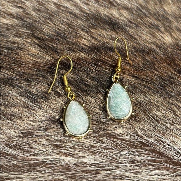 Genuine Amazonite Dangle Tear Drop Earrings - Picture 4 of 7